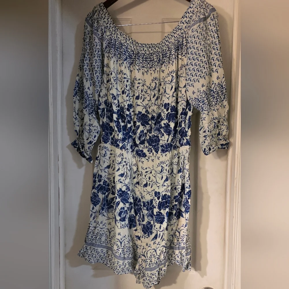 Anthropologie Blue and White Floral Clemente Off the Shoulder Romper - Picture 4 of 10